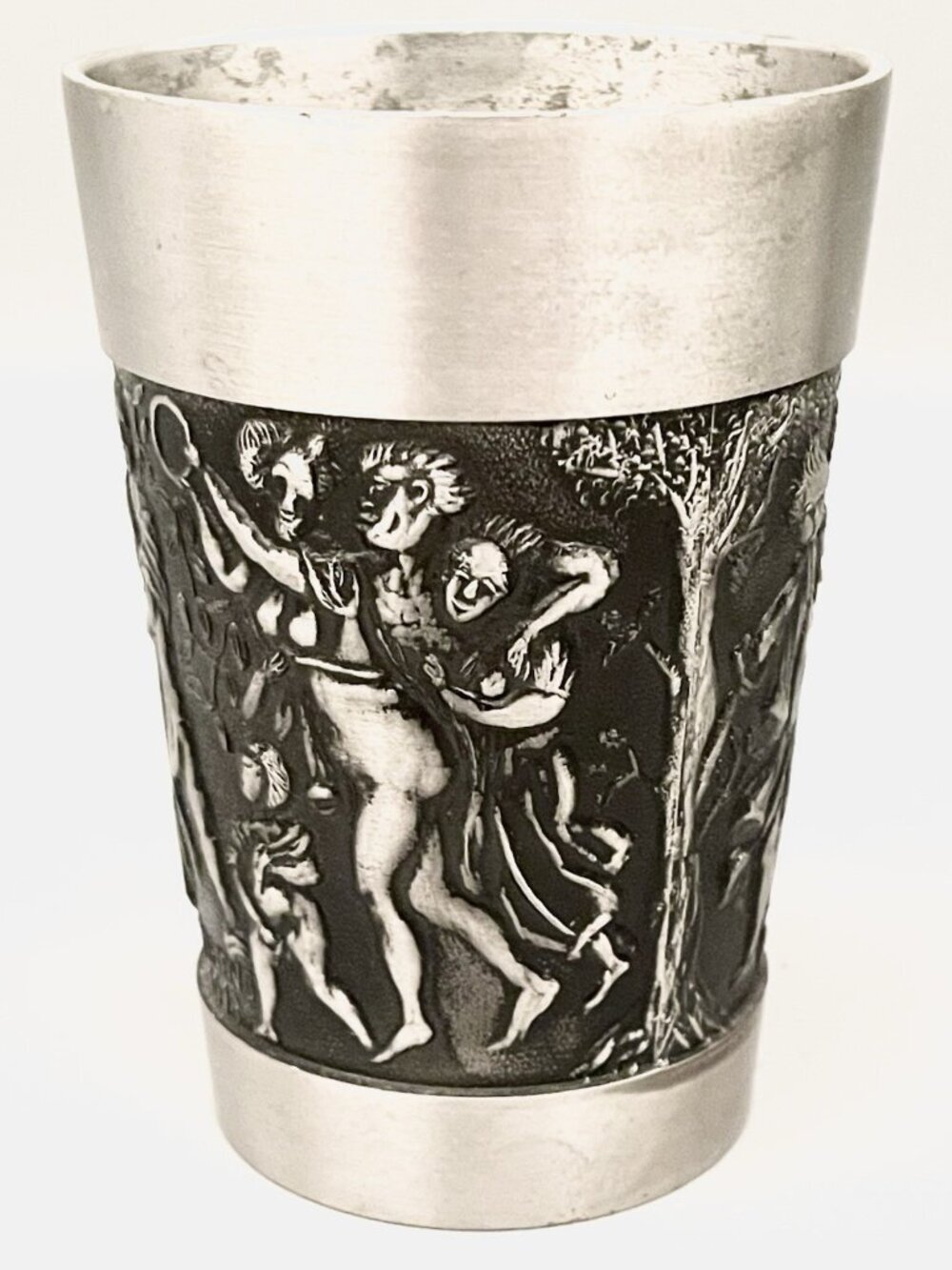 Vintage German Pewter Wine Tumbler High Relief Roman God of Wine Rubens 1618